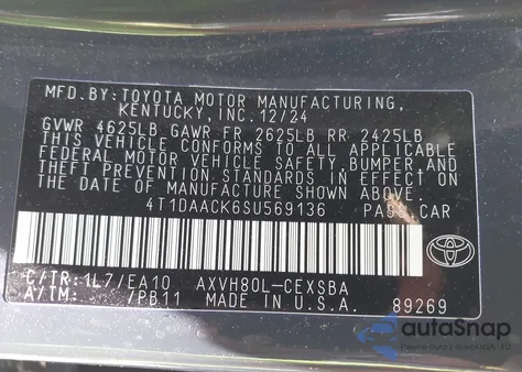 2025 Toyota Camry Se from USA, damaged, VIN 4T1DAACK6SU569136